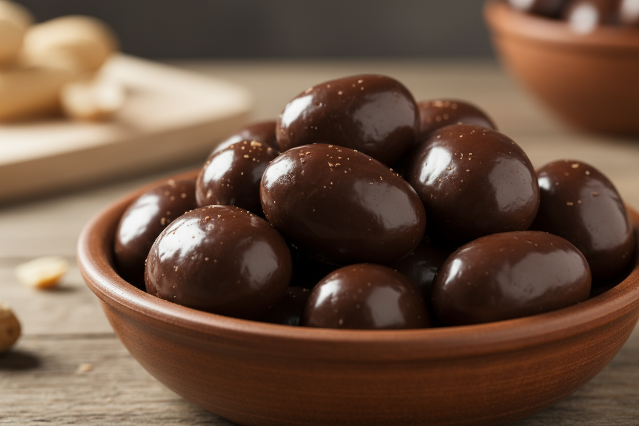 chocolate coated peanuts in a brown bowl 