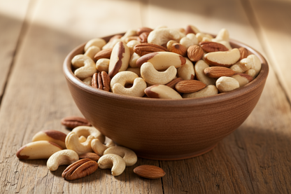 create-a-image-with-a-brown-bowl-on-a-table-with-brazilian-nuts-cashew-nuts-pecan-pieces-and-cashews-do-not-use-dark-brown-nuts- almonds