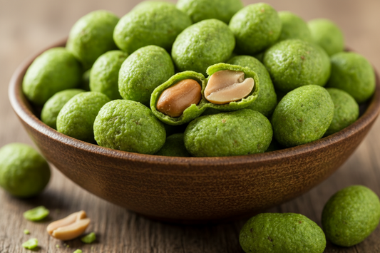 luminus green wasabi hard shell peanuts in a brown bowl