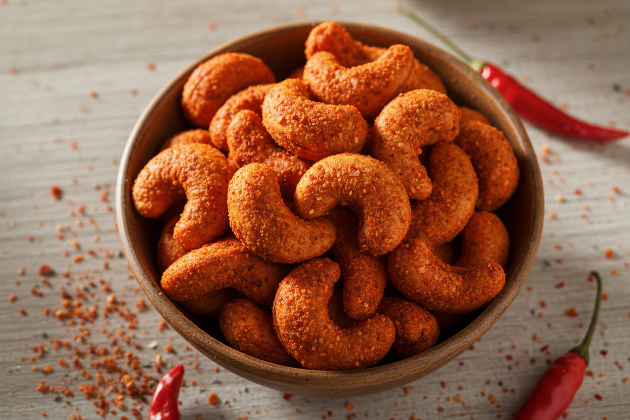 peri peri cashews in brown bowl 